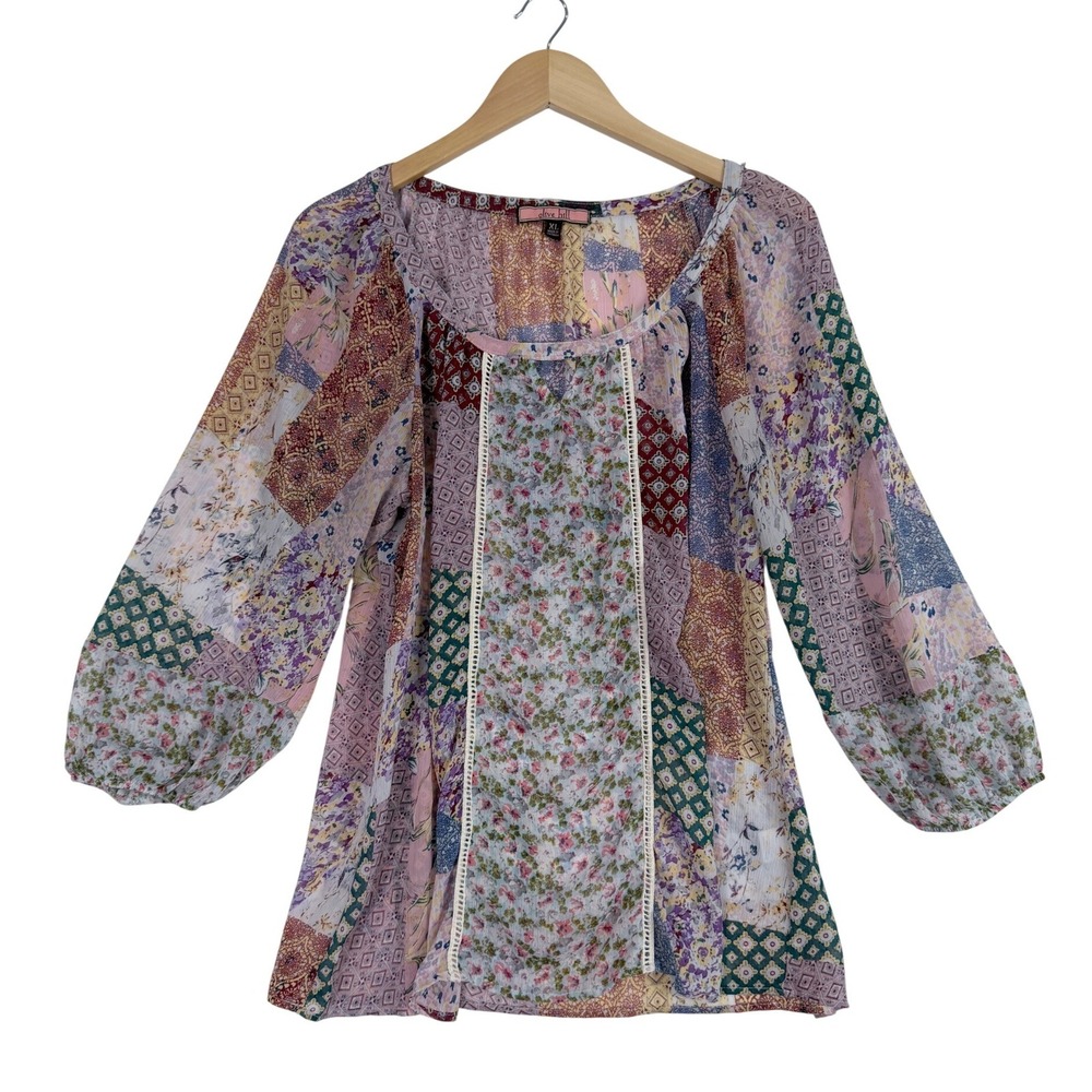 Olive Hill Blouse Women XL Pink Patchwork Floral Boho Crochet Trim AVE1555TK